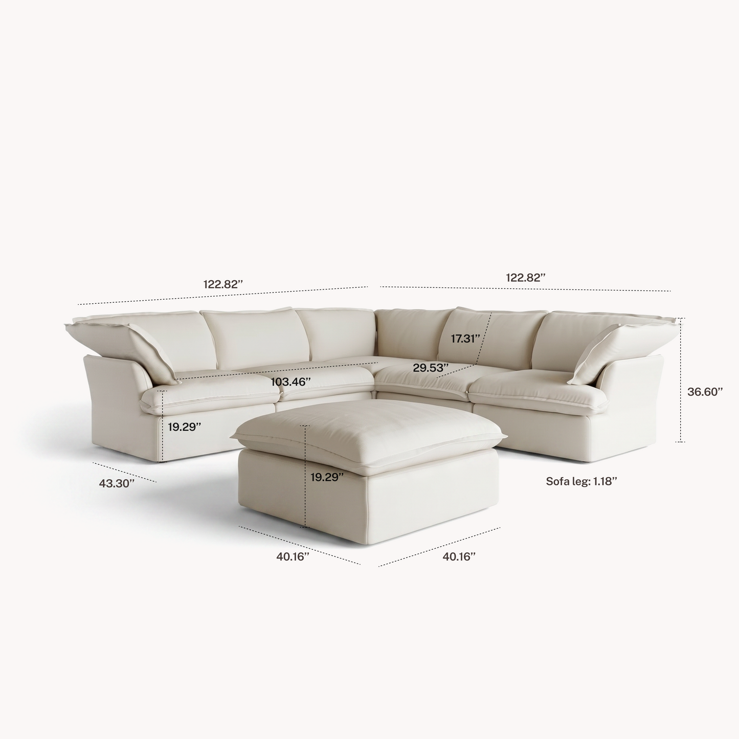 CloudComfort™ Modular Washable Luxe Sofa - 5 Seater Corner Sectional + Ottoman