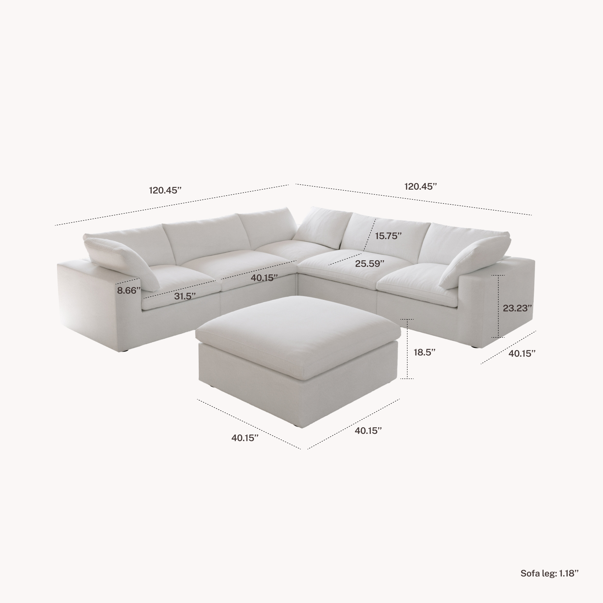 CloudComfort™ Modular Washable Classic Sofa - 5 Seater Corner Sectional + Ottoman